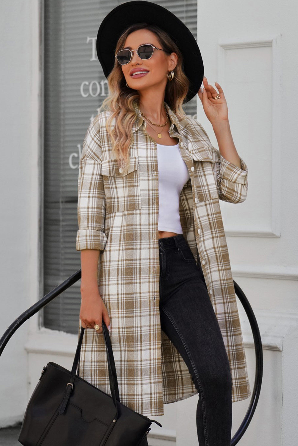 Drune | Karierter Button-Up Longline Shacket mit Brusttaschen