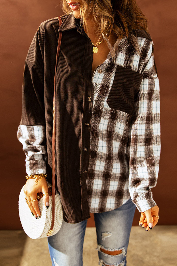 Drune | Karierte Farbblock Gefallen Schulter Corduroy Shacket