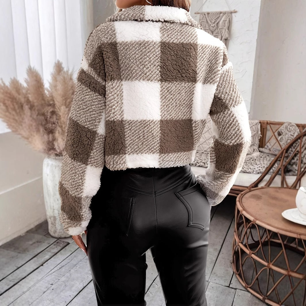 Drune | Teddy Fleece Kurzjacke mit Karomuster