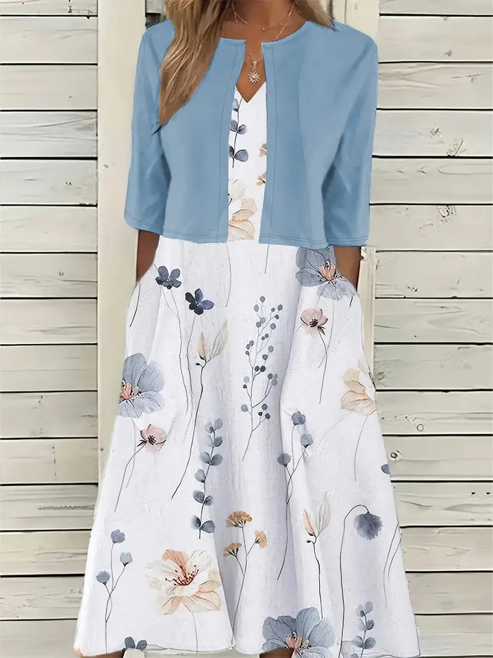 Drune – elegantes zweiteiliges blumenkleid-set mit einfarbigem crop-top und kleid mit rundhalsausschnitt