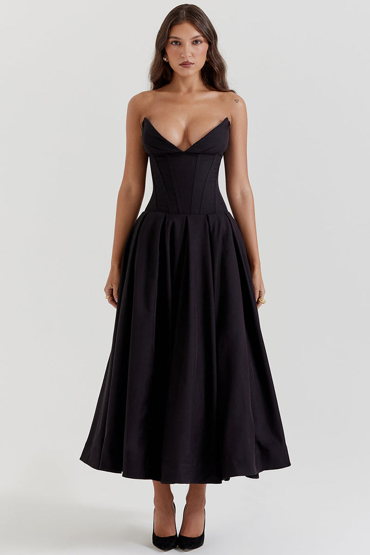 Drune | Elegante Bustier-Patchwork Formelle Party Fishtail Maxi Kleider-Schwarz