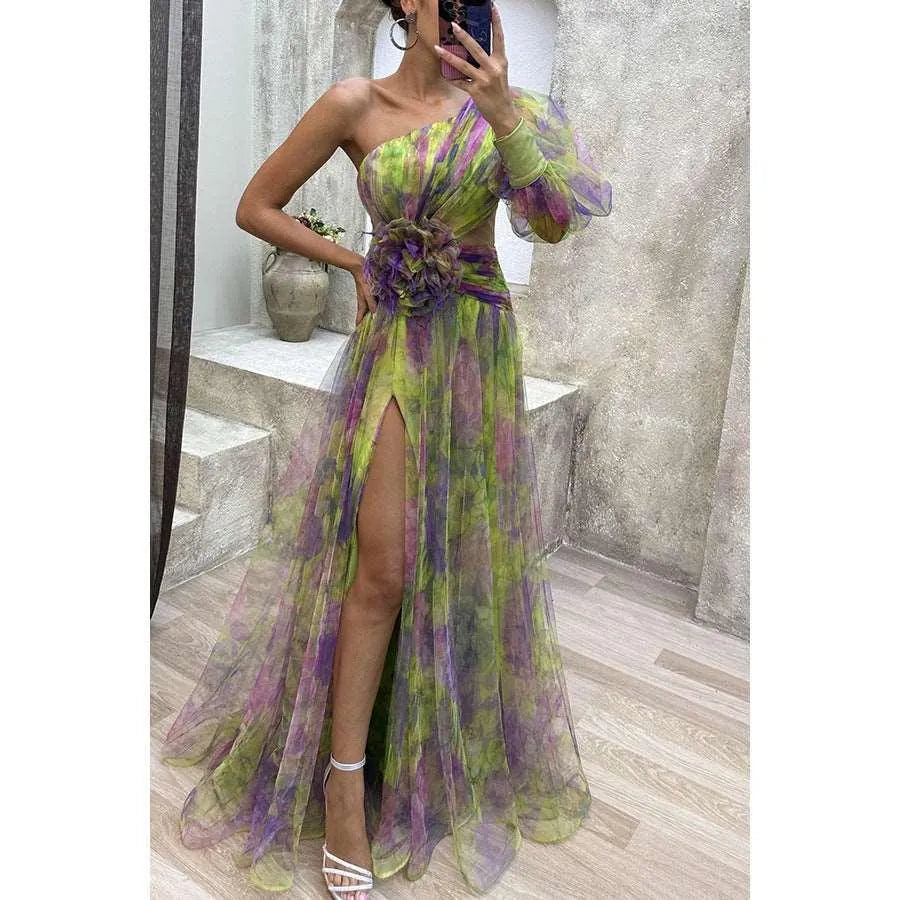 Drune | Long party dress with off-the-shoulder, split print.
