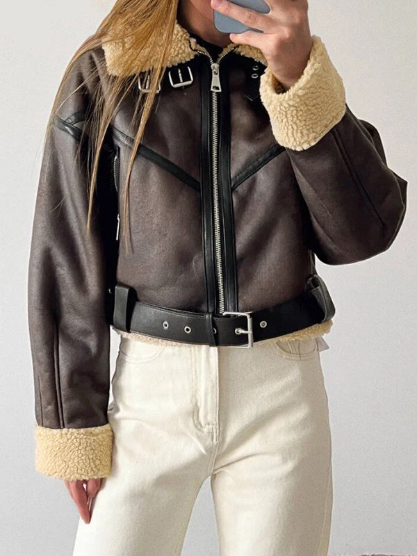 Drune | Braune Lambswool gefütterte Leder Splice Kurzjacke