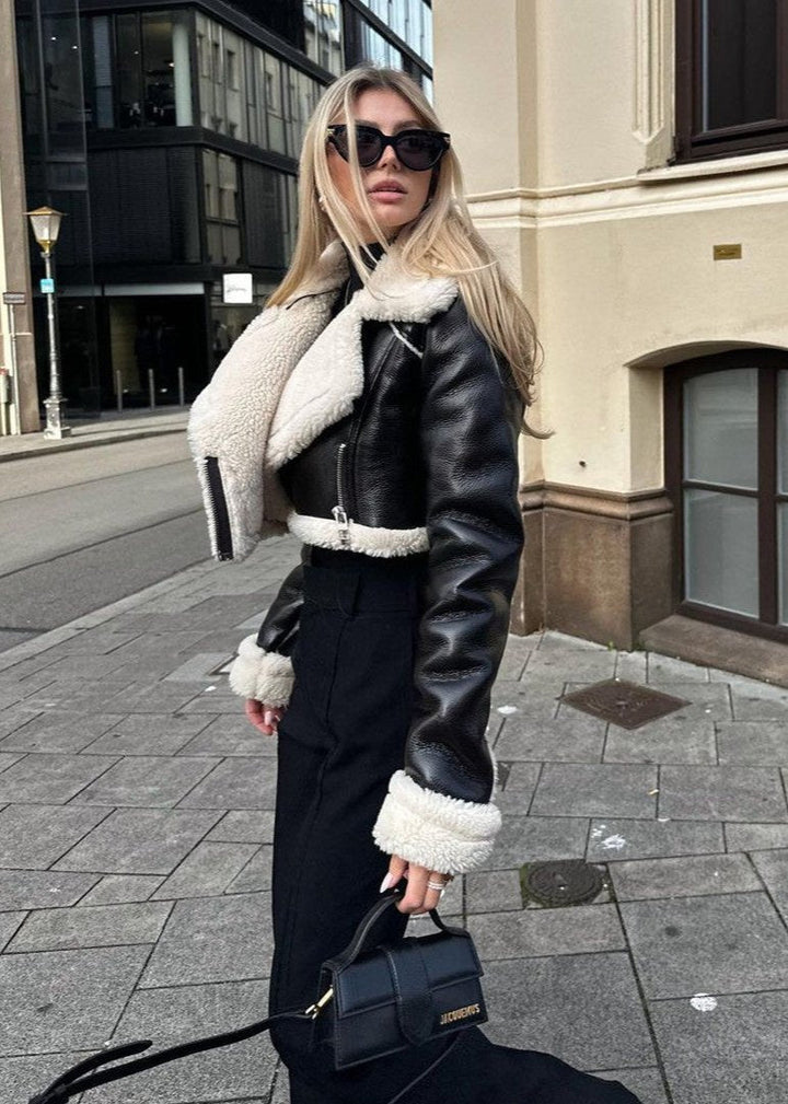 Drune | Sherpa Trim Lederjacke - Kurzer Reißverschlussstil