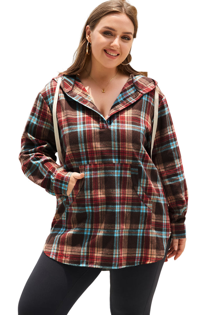 Drune | Feuerrote Plus-Size Karokängurutaschen Kapuzenpullover mit Kordelzug