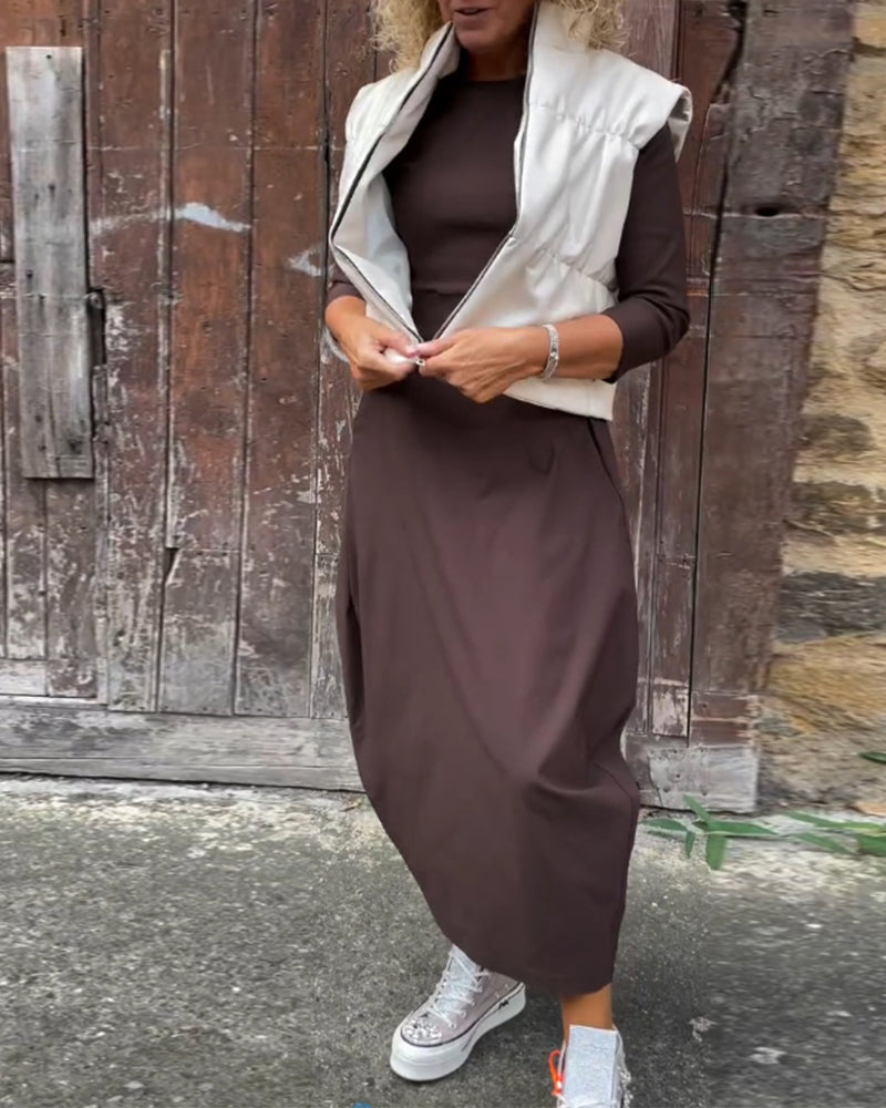 Drune | Schlichtes Einfarbiges Elegantes Kleid mit Langen Ärmeln und Tasche