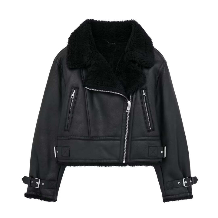 Drune | Damen Faux-Lederjacke mit Pelzkragen