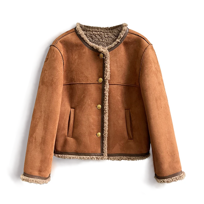 Drune | Braune Damenjacke mit Fleecefutter und Knöpfen