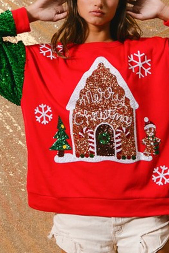 Drune | Weihnachten Lässig Locker Rundhals Pailletten Ärmel Sweatshirt