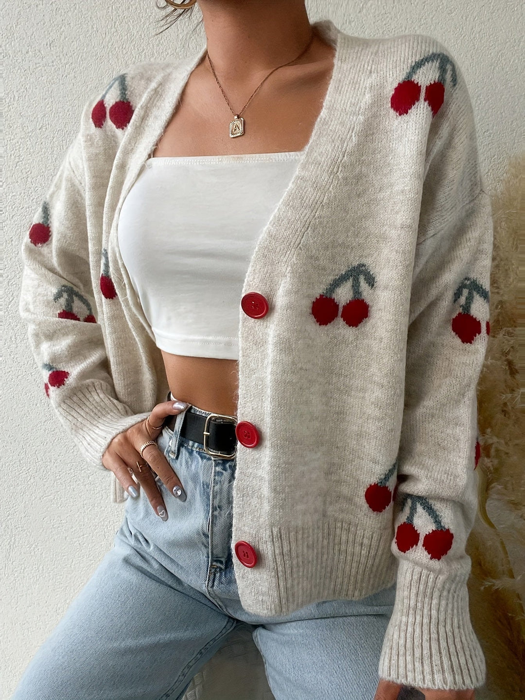 Drune | Damen Casual Jacke / Cardigan mit Knöpfen und Kirschmuster - Leicht - warm - Perfekt für Herbst/Winter
