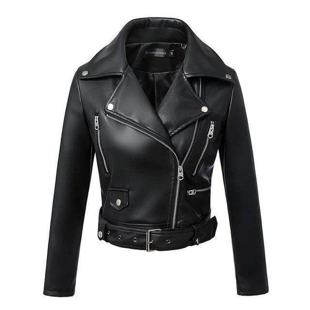 Drune | Damen Kunstleder Bikerjacke mit Gürtel