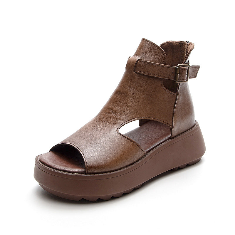 Drune | Sommer Neu Retro Erste Schicht Rindsleder Rücken Peep Toe Sandalen für Frauen