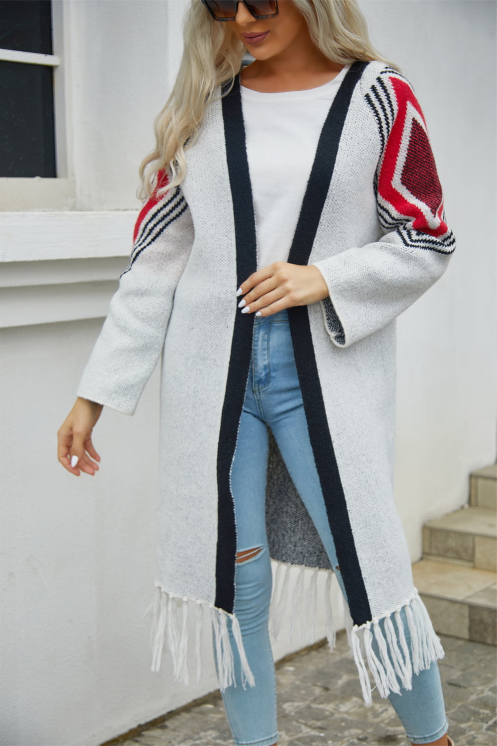 Drune | Geometric Fringe Hem Offene Front Duster Cardigan