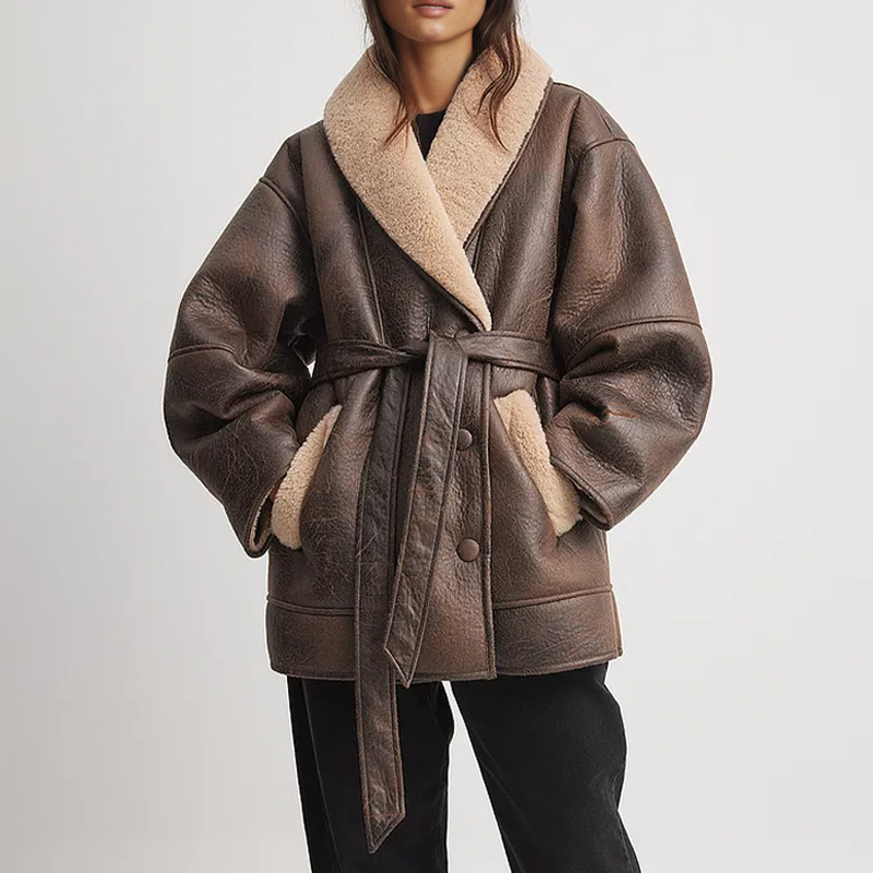 Drune | Sherpa-Gefütterte Kunstlederjacke mit Gürtel