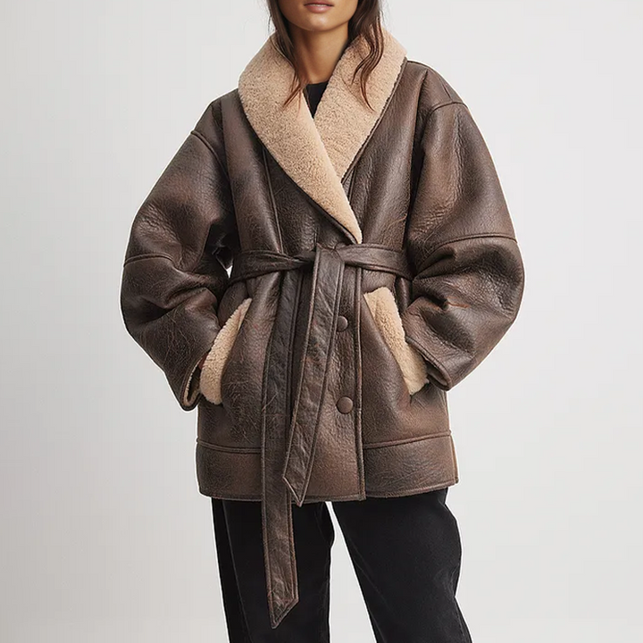 Drune | Sherpa-Gefütterte Kunstlederjacke mit Gürtel