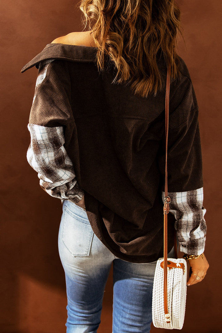 Drune | Karierte Farbblock Gefallen Schulter Corduroy Shacket