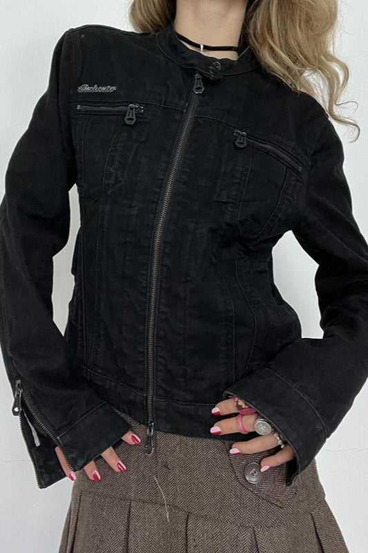 Drune | Schwarze Denim Truckerjacke
