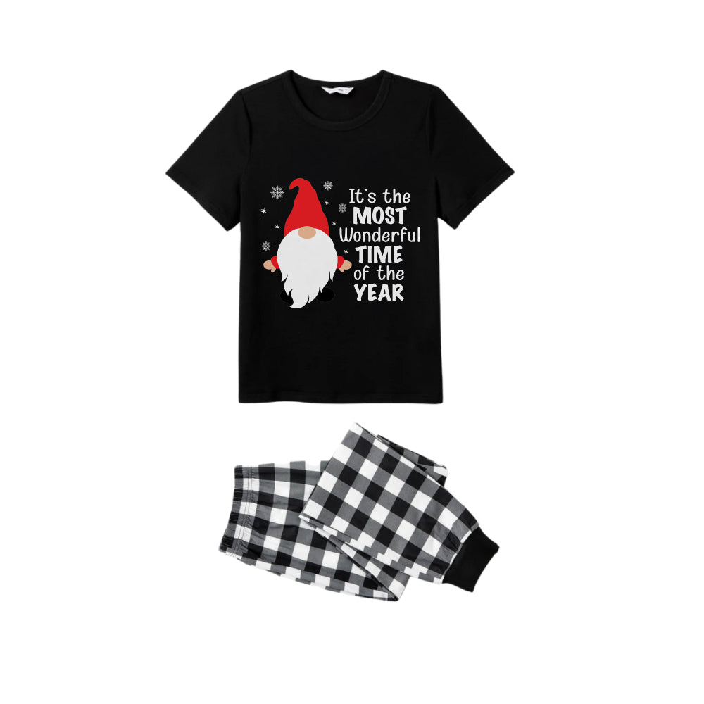 Drune | Paar Schwarz-Weiß Karierte Kurzarm Weihnachts-Pyjama Set mit Gnom und Weihnachtsmann Zitaten