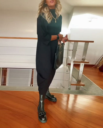 Drune | Einfarbiges Lockeres Freizeitkleid mit Hohem Kragen