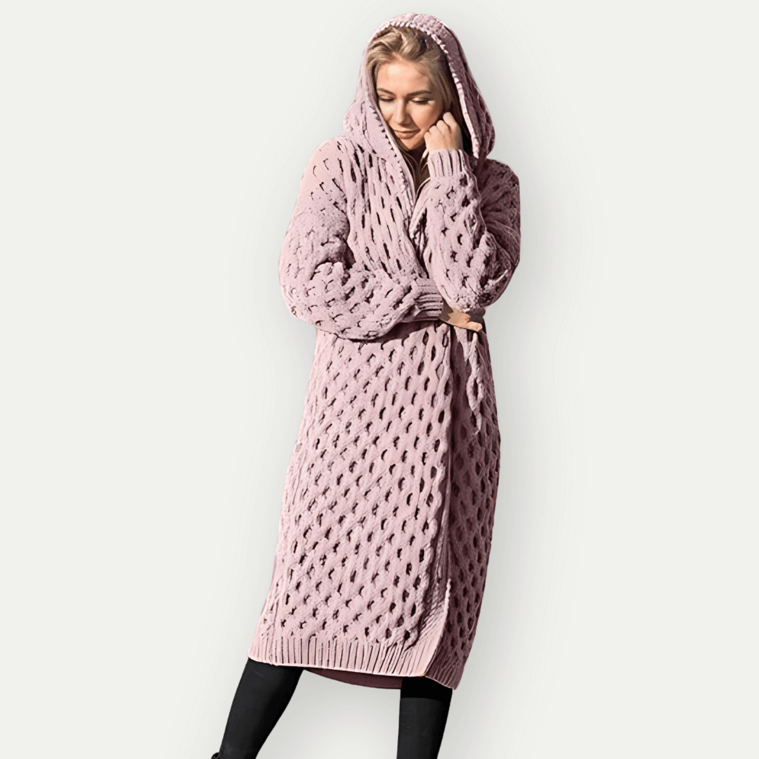 Drune | Strickjacke - Lockere Passform - Langes Modell - Kapuze - Zopfmuster - Offene Vorderseite