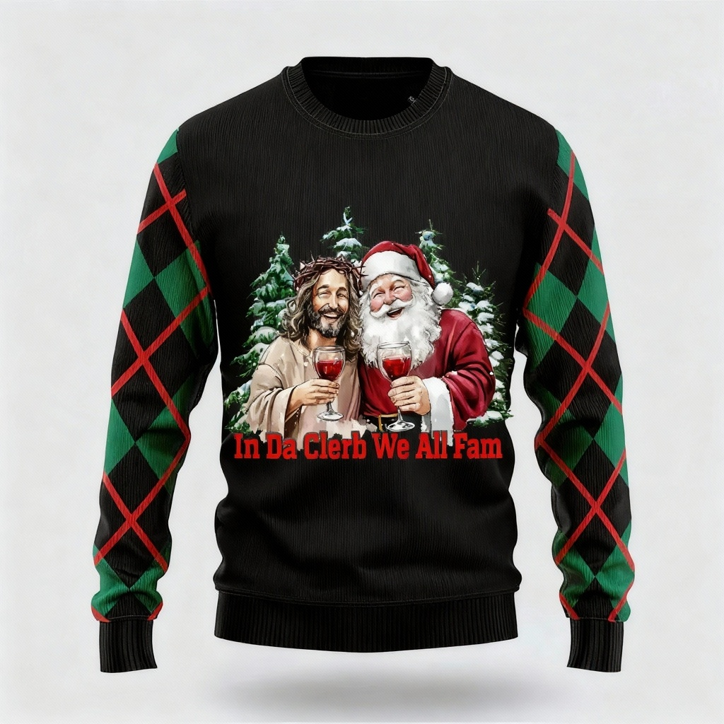 Drune | Jesus & Santa Claus Druck - Maximalistischer Weihnachtsdruck Hässlicher Pullover