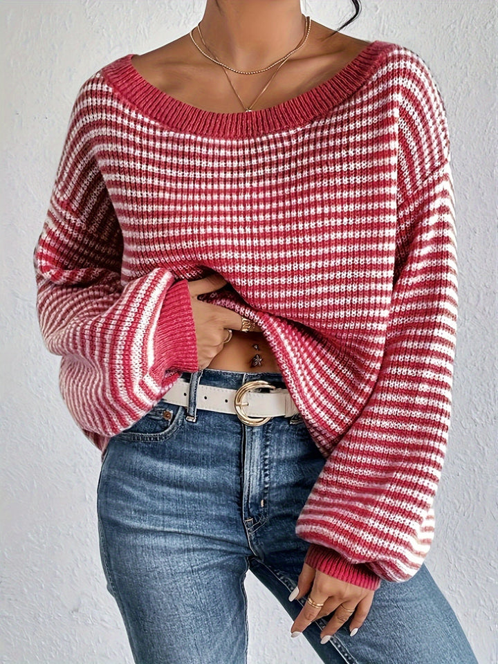 Drune |  Schulterfreier Baumwollpullover mit Streifen, elastischem Stoff und Rundhalsausschnitt Pullover Damen - Ideal für Frühling