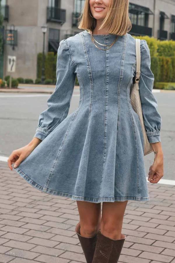 Drune | Fade Into You Denim Prinzessinnenlinie Rückenreißverschluss Flare Stretch Mini Kleid