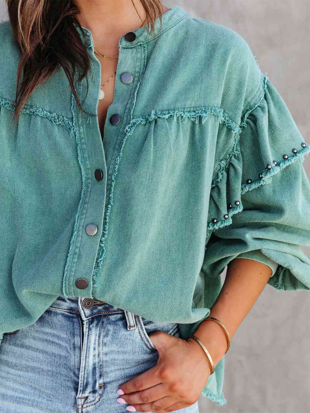 Drune | Button Down Raw Hem Denim Jacke
