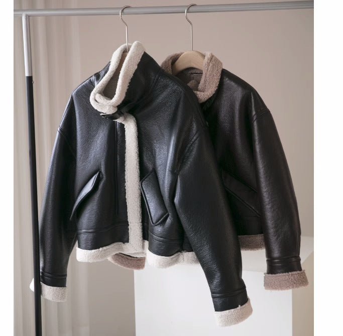 Drune | Leder Fliegerjacke - Schurwolle-Futter Wärme - Schwarz & Weiß Kontrast - Winterstil