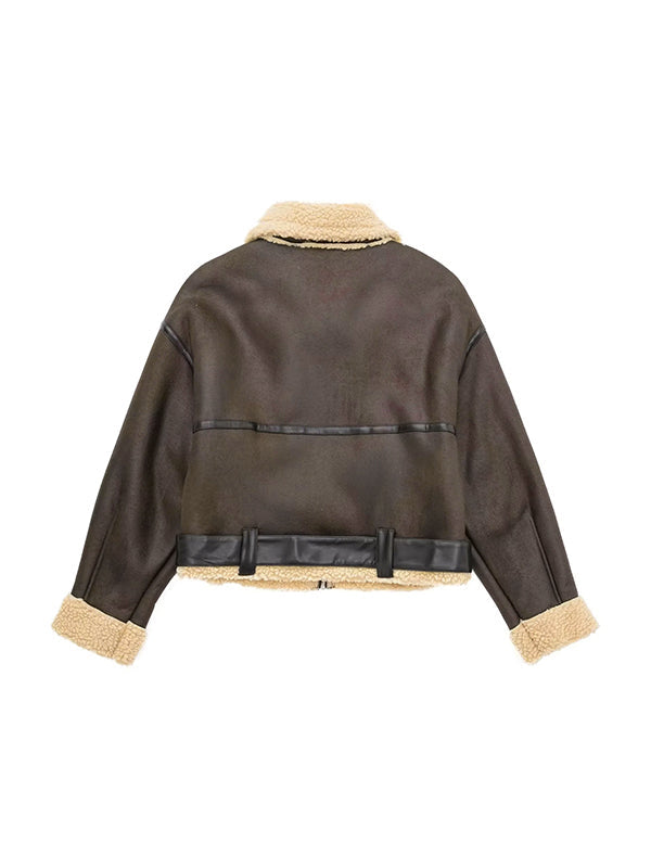 Drune | Braune Lambswool gefütterte Leder Splice Kurzjacke