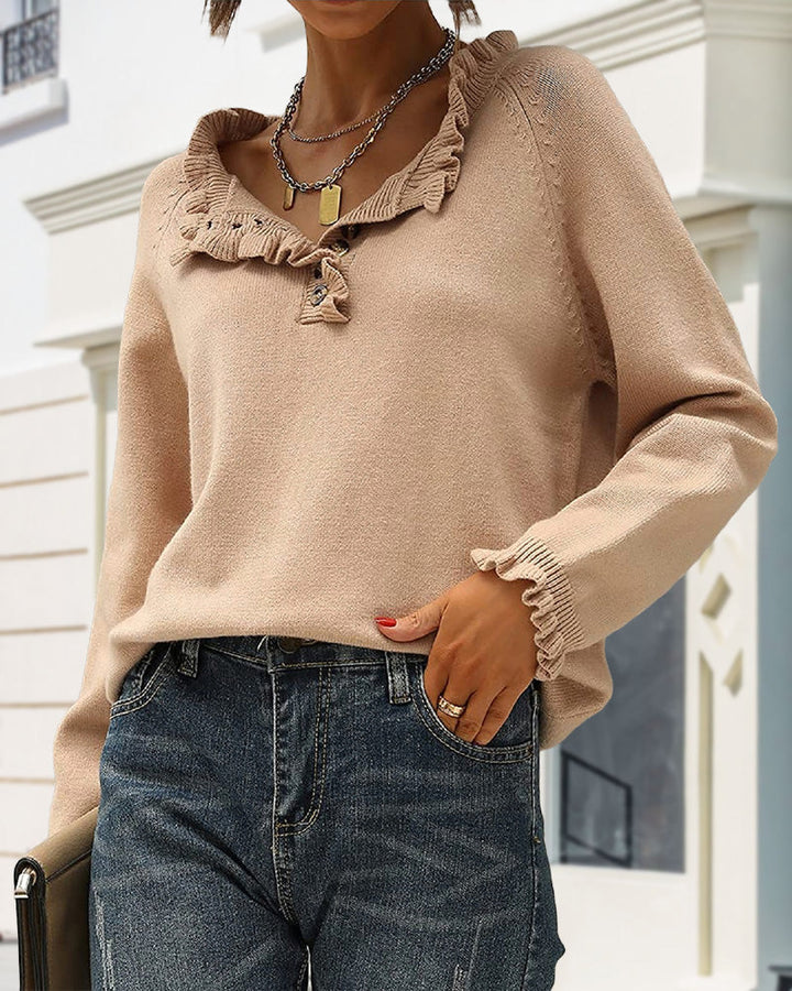 Drune | Lässiger Einfarbiger Pullover mit Reversknopf und Rüschen