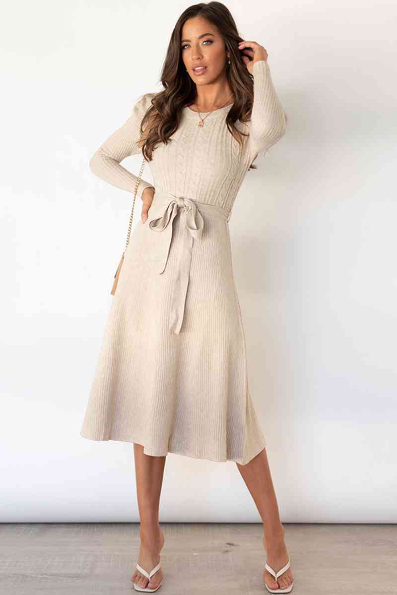 Drune | Rundhalsausschnitt Langarm Knoten Taille Pullover Kleid