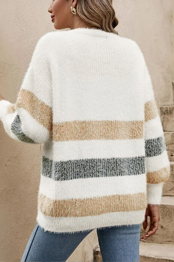 Drune | Mehrfarbig gestreifte Fuzzy-Strickjacke mit Knopfleiste