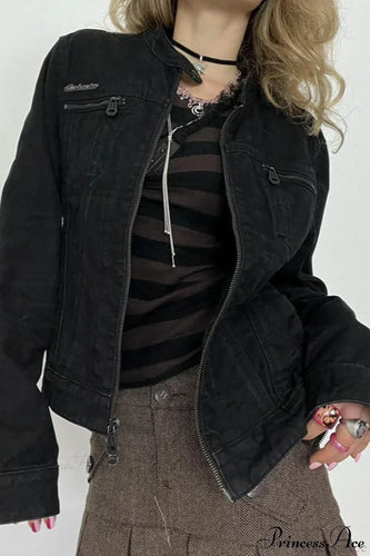 Drune | Schwarze Denim Retro Freizeit Langarmjacke