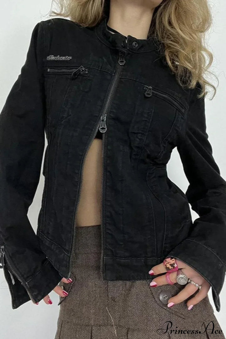 Drune | Schwarze Denim Retro Freizeit Langarmjacke