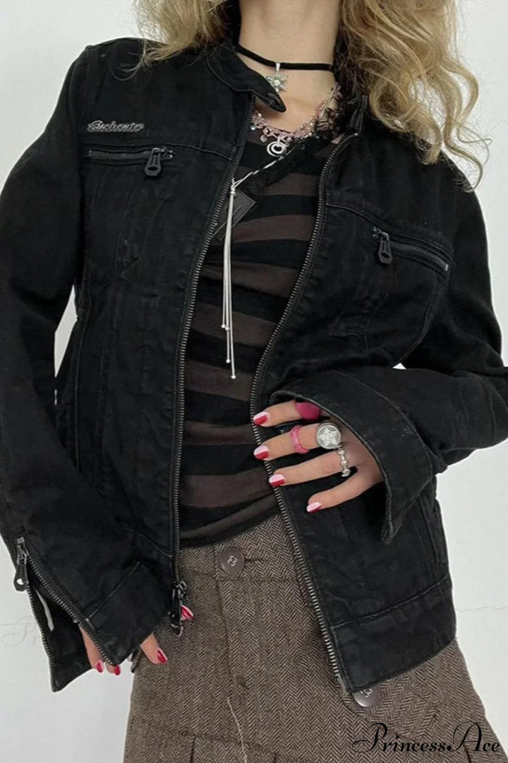 Drune | Schwarze Denim Retro Freizeit Langarmjacke