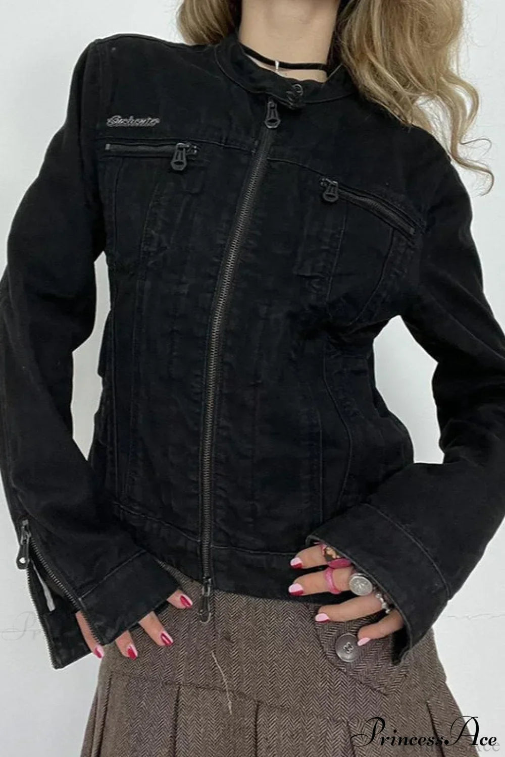 Drune | Schwarze Denim Retro Freizeit Langarmjacke