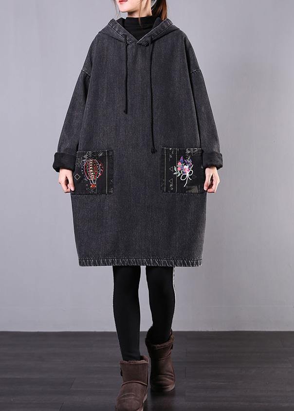 Drune | denim schwarz bestickt Plus Size Freizeitmäntel Frauen Kapuzen-Patchwork-Jacken