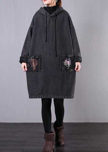 Drune | denim schwarz bestickt Plus Size Freizeitmäntel Frauen Kapuzen-Patchwork-Jacken