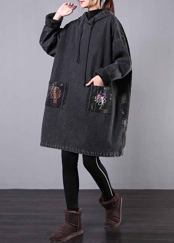Drune | denim schwarz bestickt Plus Size Freizeitmäntel Frauen Kapuzen-Patchwork-Jacken