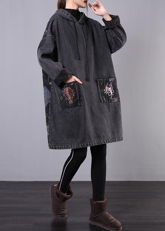 Drune | denim schwarz bestickt Plus Size Freizeitmäntel Frauen Kapuzen-Patchwork-Jacken