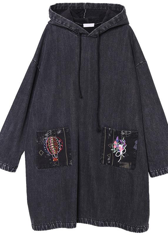 Drune | denim schwarz bestickt Plus Size Freizeitmäntel Frauen Kapuzen-Patchwork-Jacken