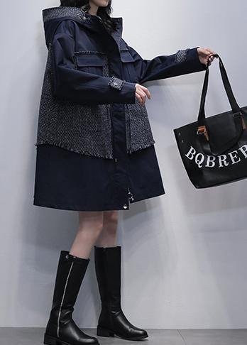 Drune | Kapuzen-Patchwork Feine Tuniken für Frauen navy lässige Mäntel