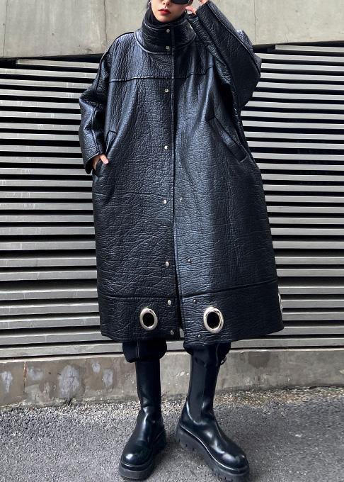 Drune | Stehkragen Plus Size PU Kleidung für Frauen schwarz dicke lockere Mäntel