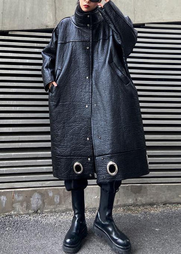 Drune | Stehkragen Plus Size PU Kleidung für Frauen schwarz dicke lockere Mäntel