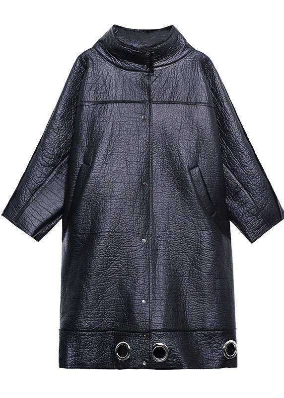 Drune | Stehkragen Plus Size PU Kleidung für Frauen schwarz dicke lockere Mäntel