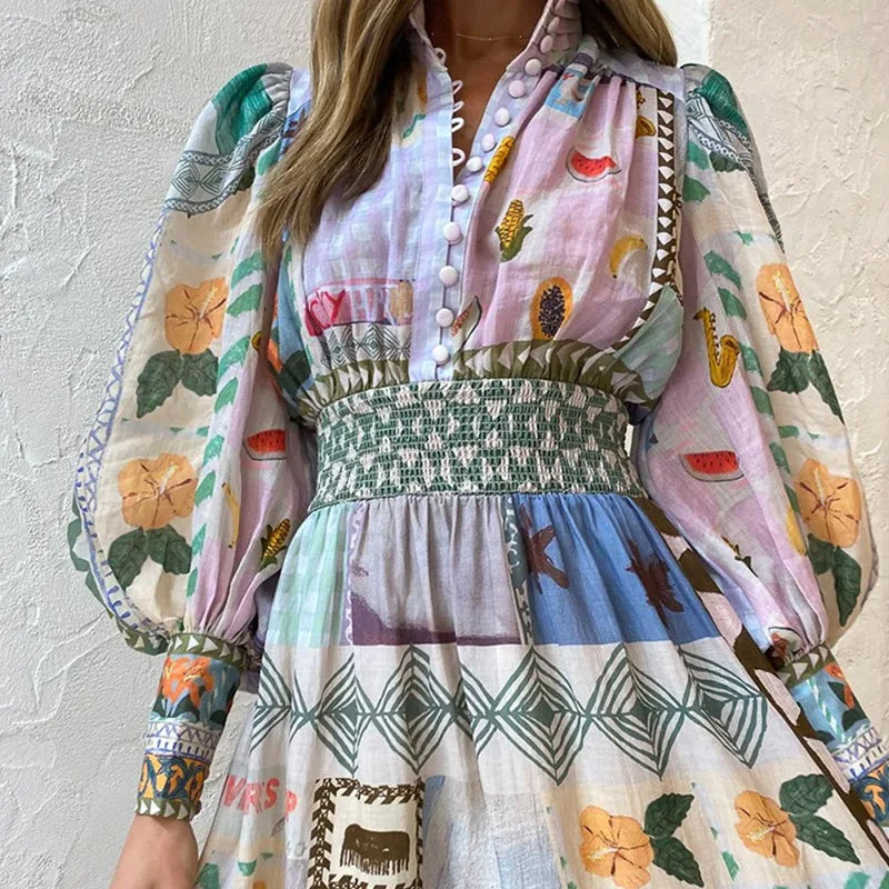 Drune | Böhmisches Maxikleid mit Patchwork und Fruchtmotiven