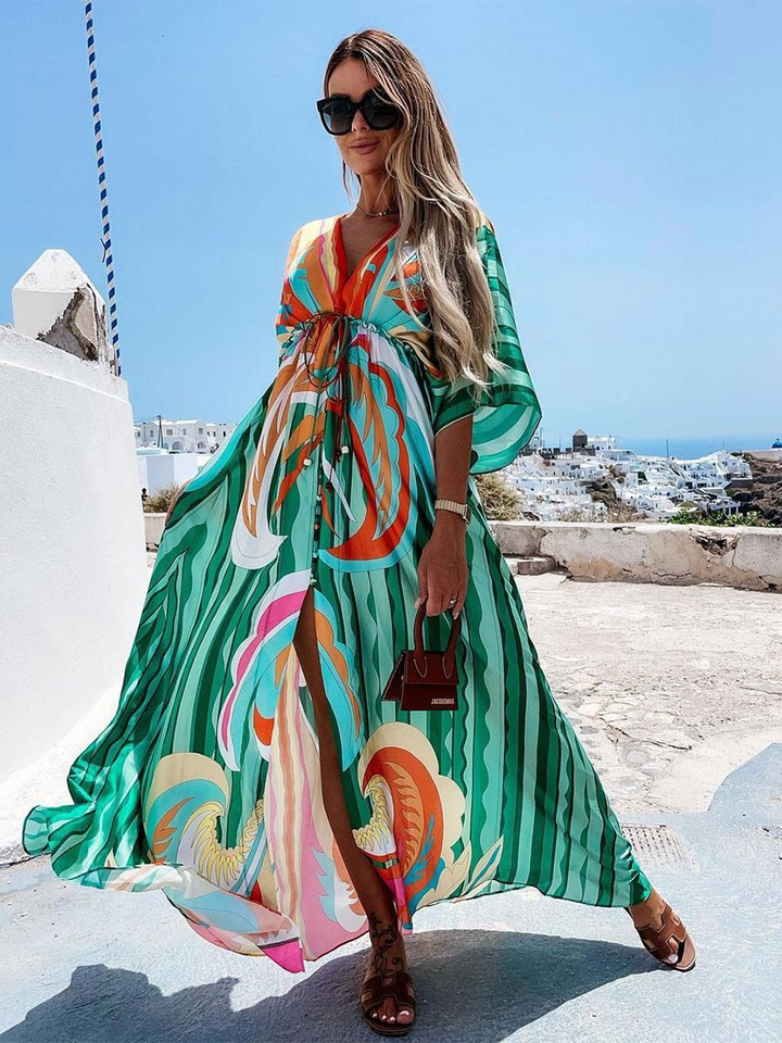 Drune | Boho Strandkleid mit Sweetheart-Ausschnitt, Fledermausärmeln, Langer Schnitt und Print