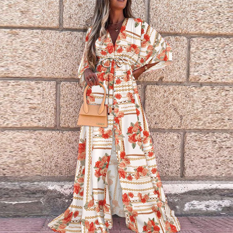 Drune | Boho Strandkleid mit Sweetheart-Ausschnitt, Fledermausärmeln, Langer Schnitt und Print