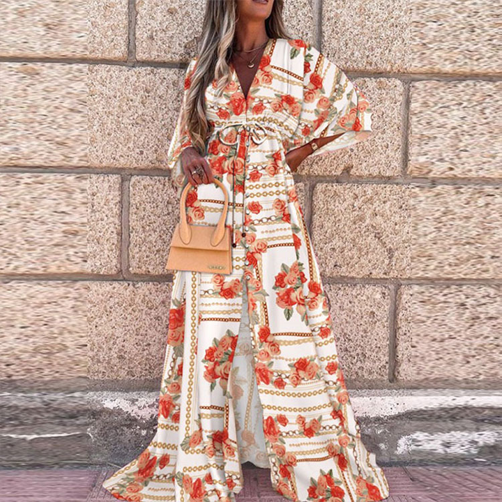 Drune | Boho Strandkleid mit Sweetheart-Ausschnitt, Fledermausärmeln, Langer Schnitt und Print